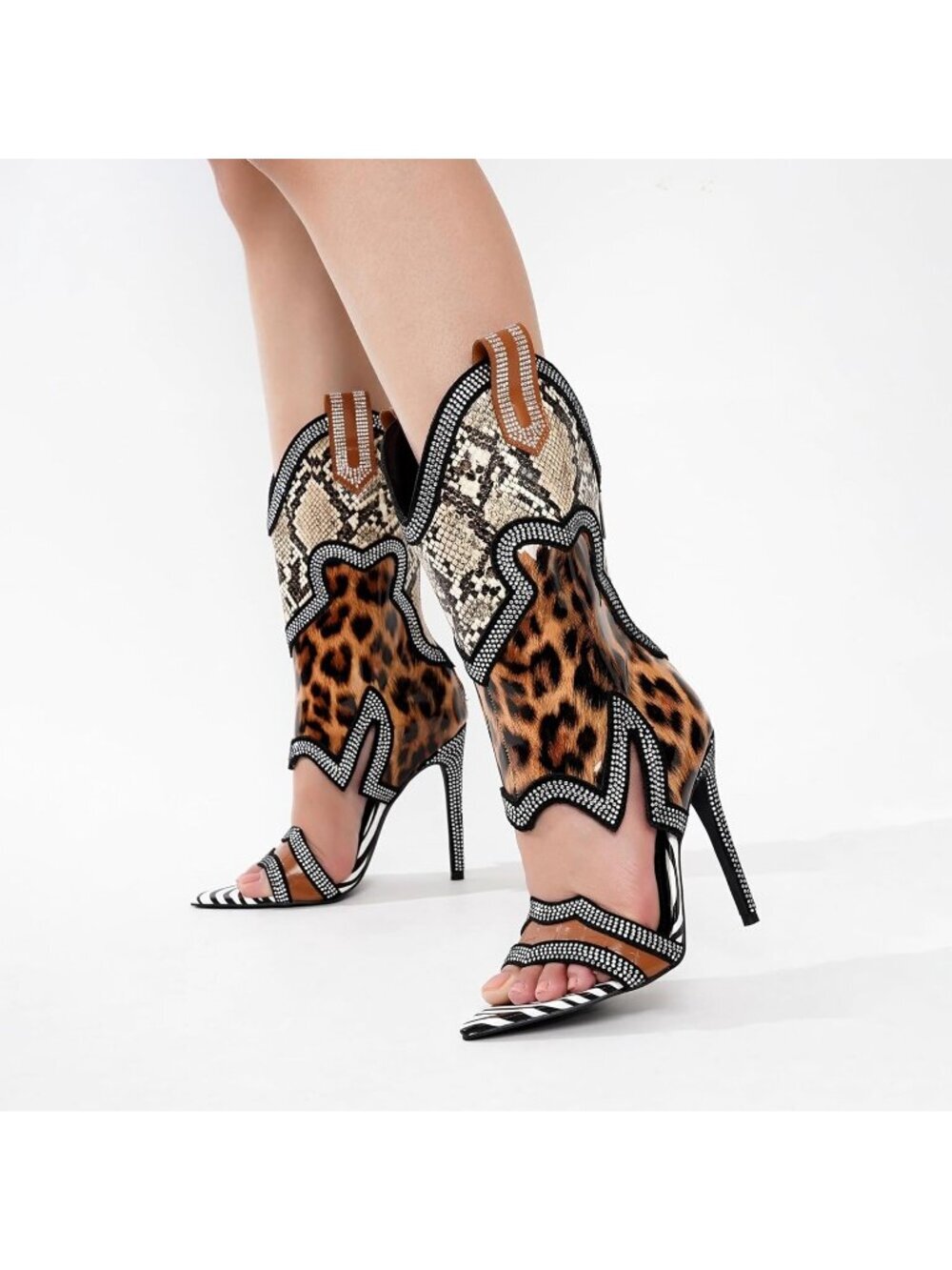 Women's Animal Print Rubber Cutout Ankle Pointed Toe Side Zipper Ankle Booties - Picture 6 of 6